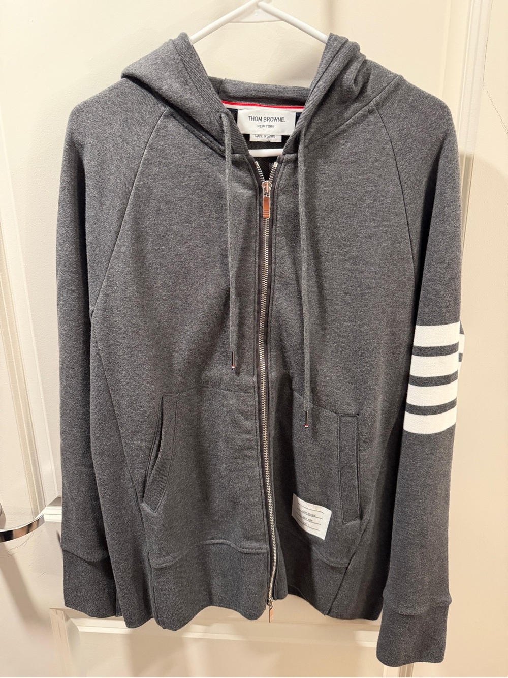 Thom Browne Charcoal Grey Zip Hoodie with White Arm Stripes
